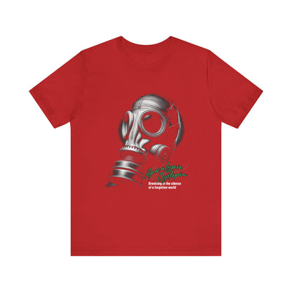 Gas mask breathing in the silence  of a forgotten T-Shirt